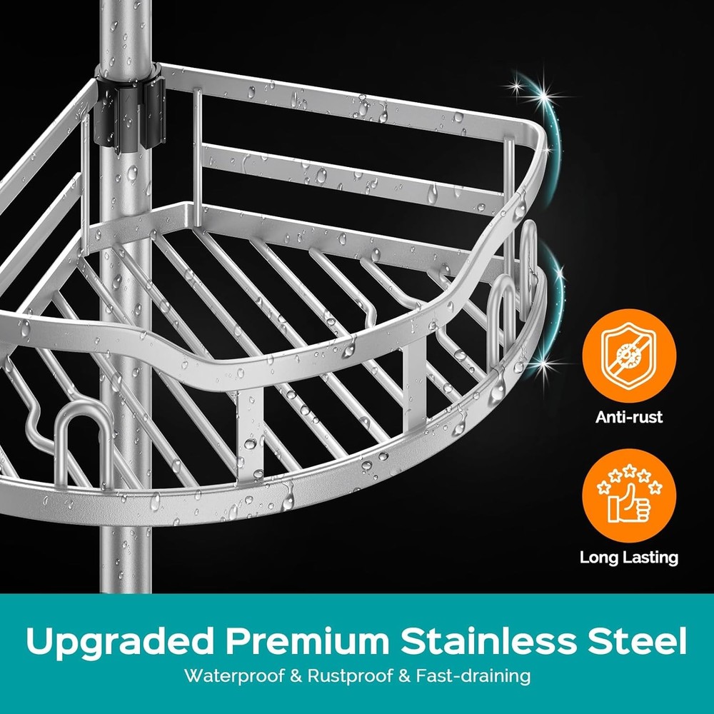 Rustproof Corner Shower Caddy - 4-Tier Adjustable Tension Pole Organizer