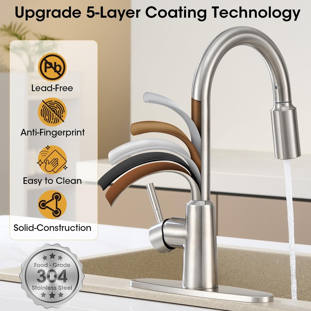 Kitchen Faucet with Pull Down Sprayer, High Arc Single Handle Brushed Nickel ...