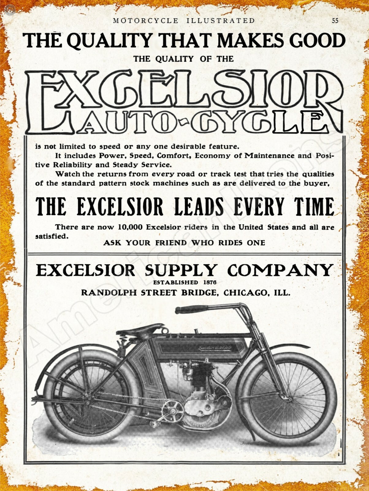 1910 Excelsior Motorcycles New Metal Sign: Randolph Street - Chicago Illinois