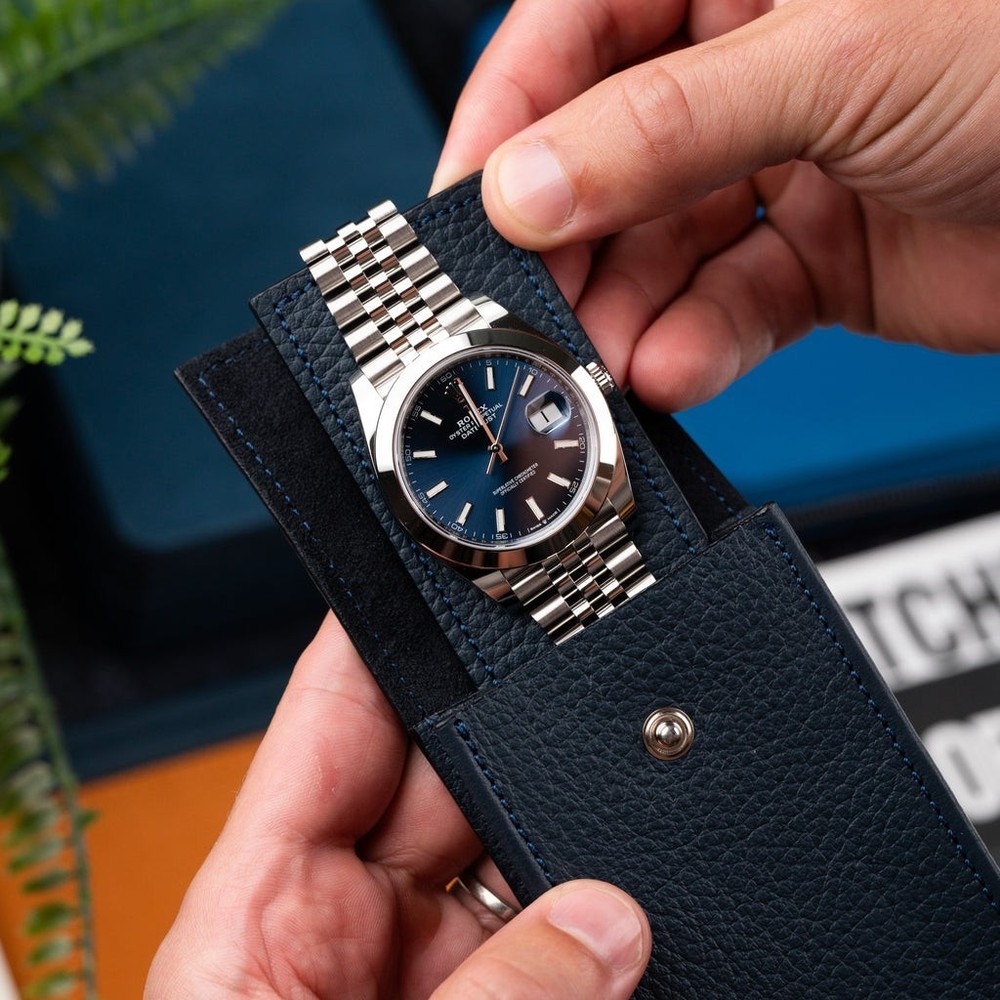 Navy Leather Watch Pouch with Suede Lining