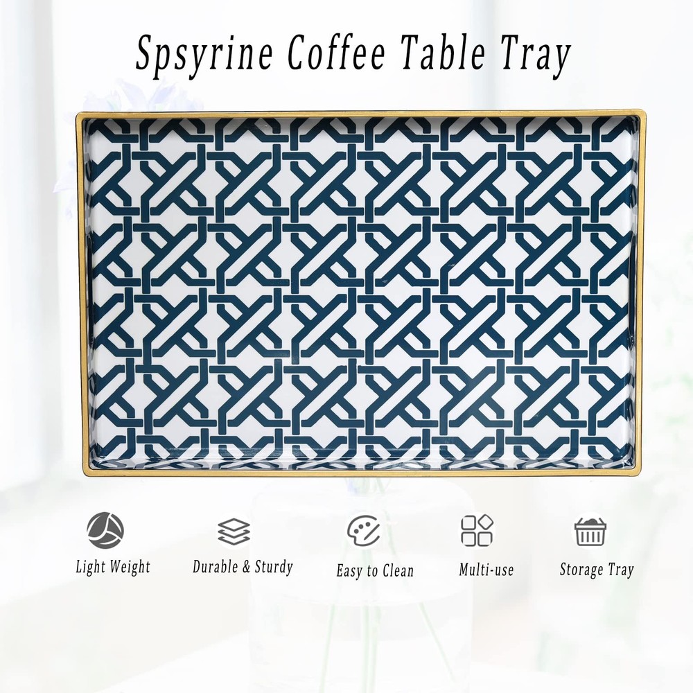 White Marbling Serving Tray with Handles 15.6"x10.2" Rectangular Decorative