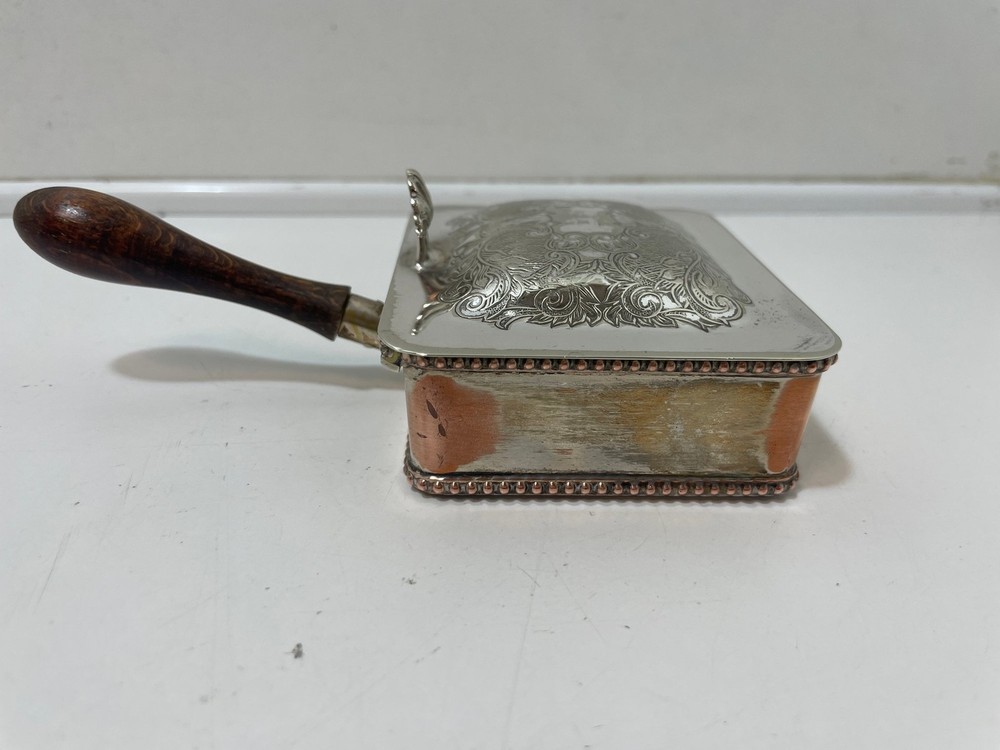 Silver Plate Rectangular Box Crumb Tray with Handle Engraved Artwork Vintage