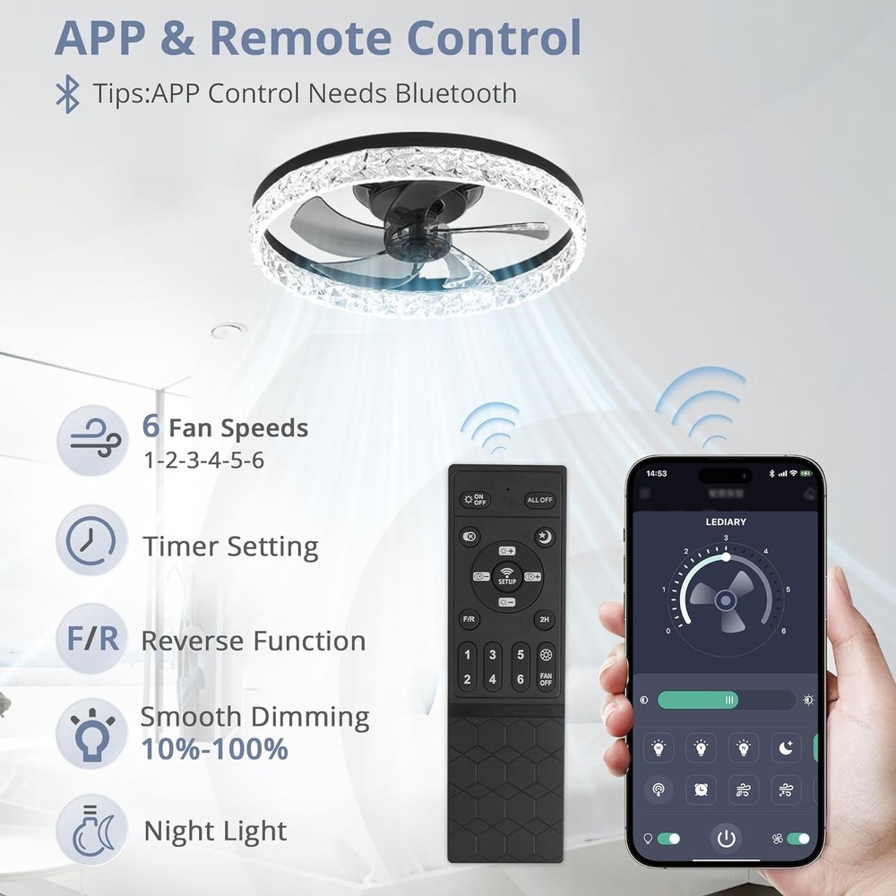 20" Modern Fan Lights Flush Mount LED Ceiling Light kit With Remote APP Control