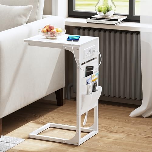C Shaped End Table with Charging Station, Side Table for Sofa, Couch Table