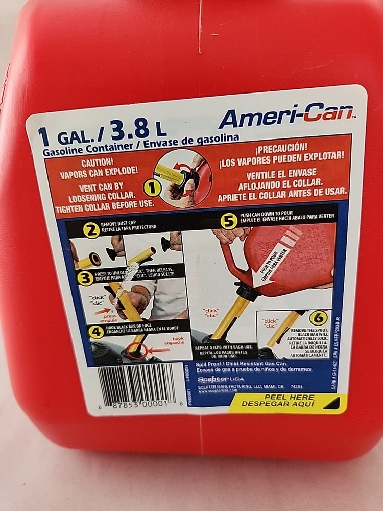 Brand New Scepter AMERI-CAN 1 Gallon Gasoline Container Spill Proof Red Unused