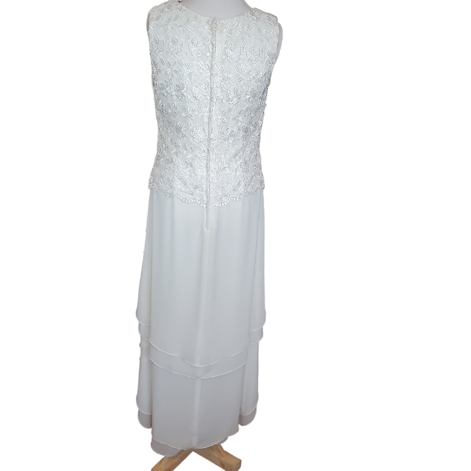 Vintage 90s Cream Ivory Crochet Chiffon Layered Long Wedding Dress Beach Size 10