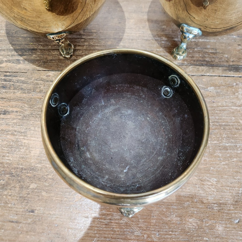 Antique Solid Brass Three Small/Medium Cache Pots on Styalised Liohead/Paw Feet