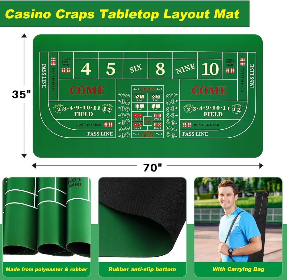 Craps Tabletop Game Set Includes 35X70 Rubber Tabletop Layout Mat Craps Diamond