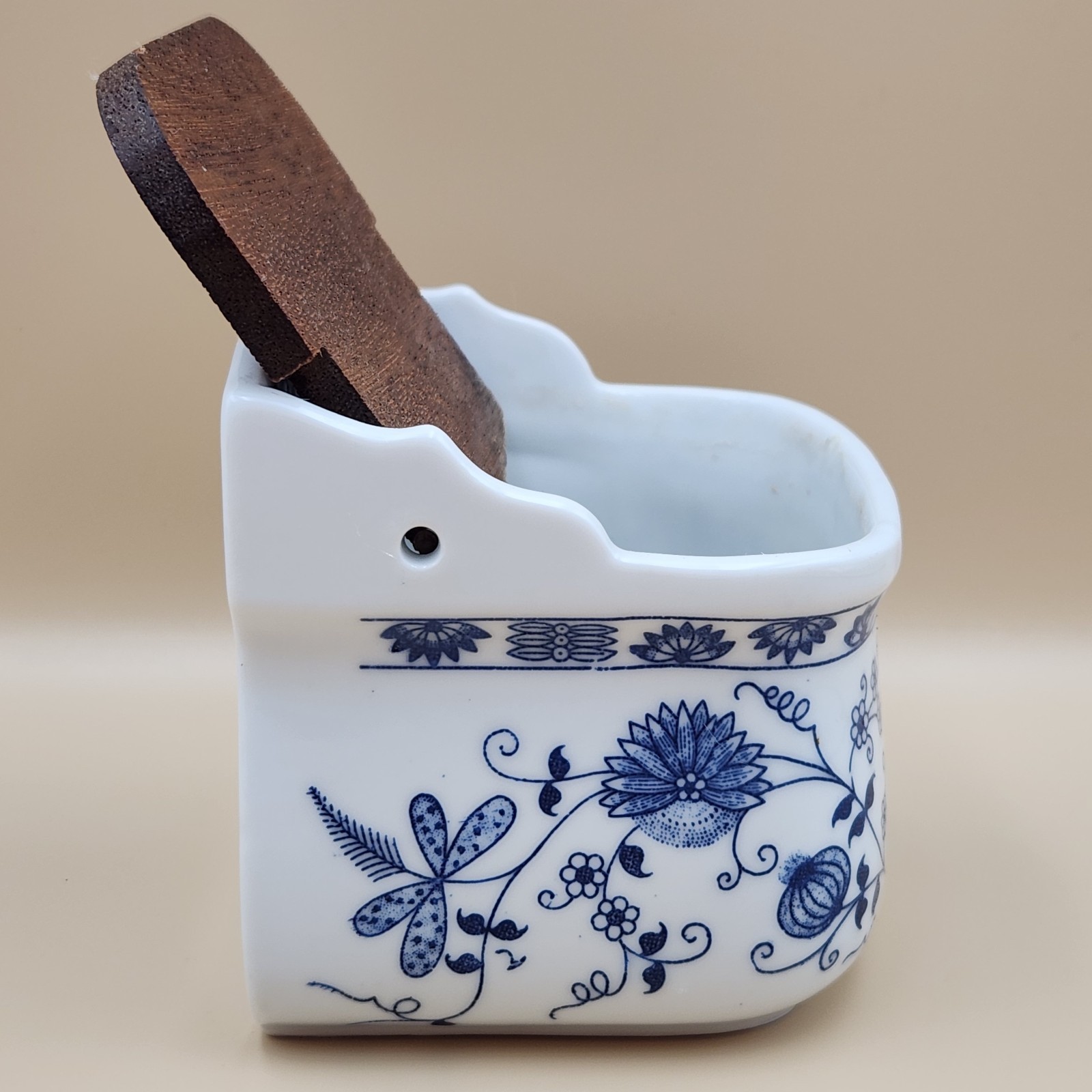 Vintage Vienna Woods Blue Onion Danube Porcelain Wall Hanging Salt Cellar Box