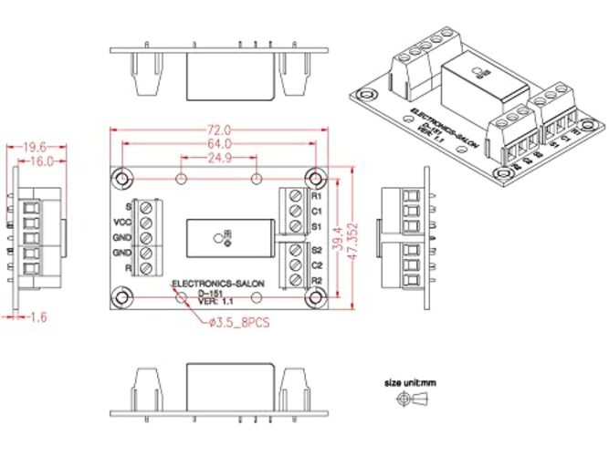 ELECTRONICS-SALON Bistable/Latching DPDT 8 Amp Power Relay Module, DC12V Coil
