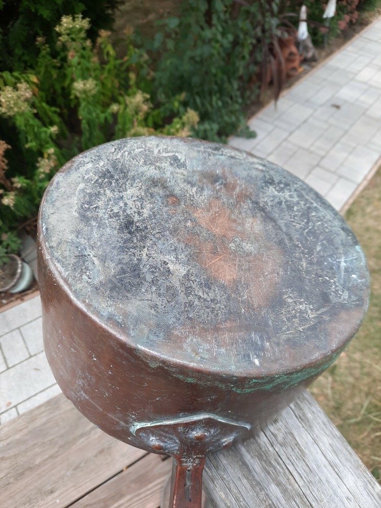 Antique Primitive Copper Pot 10” , Long Handle Hravy Copper