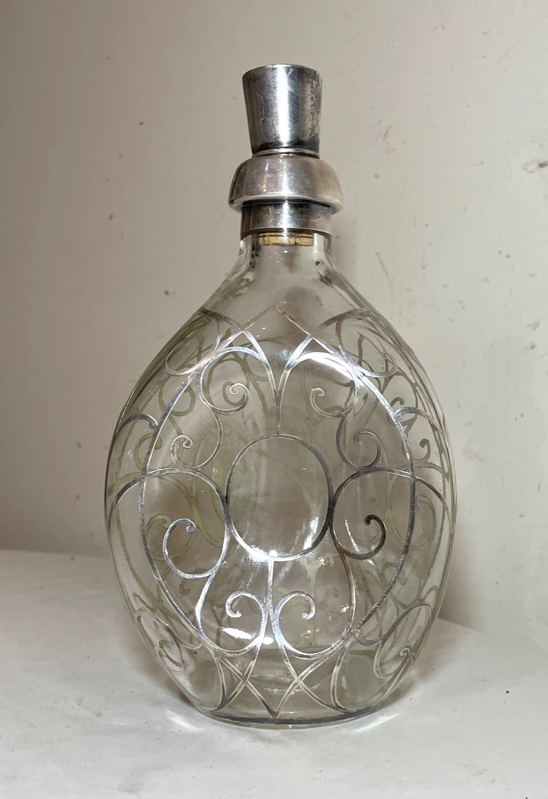 antique ornate sterling silver overlay glass liquor claret decanter bottle jar