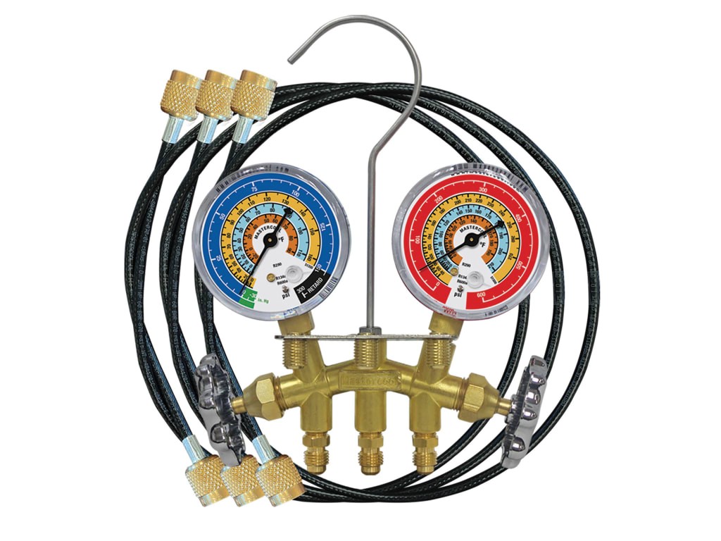 Mastercool 33518-TP - R600a, R290 & R134a 2-Way Brass Manifold Gauge Set with