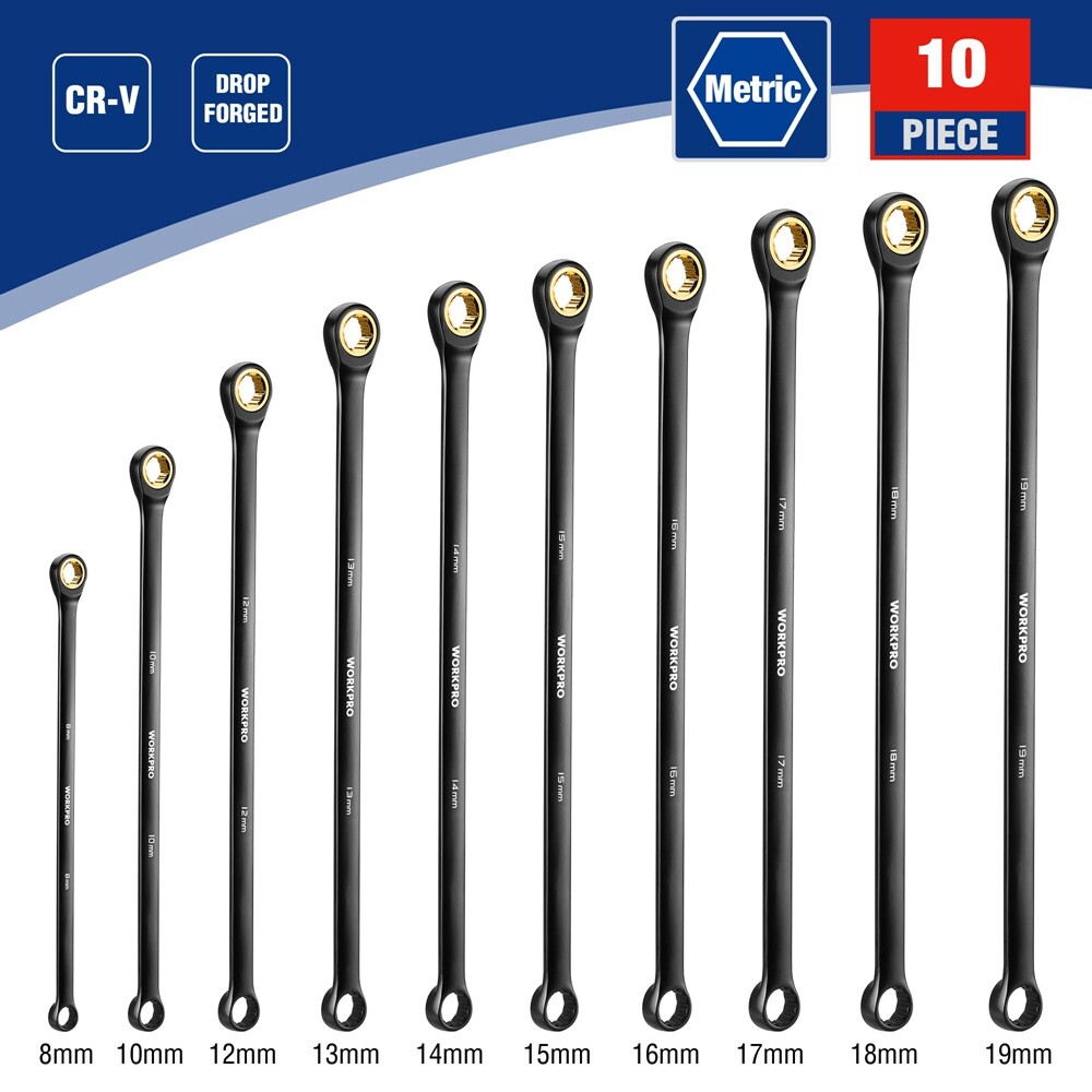 WORKPRO 10PC Extra Long Ratcheting Wrench Set 8-19mm Combination Metric 72-Teeth