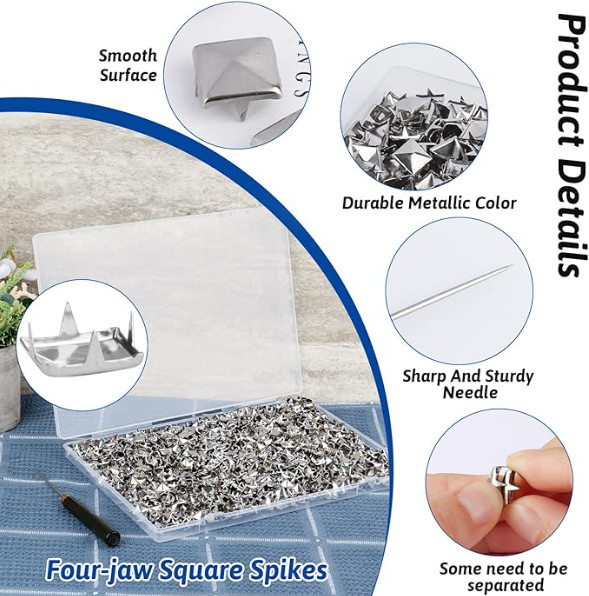 1300 Pieces 10 Mm Silver Pyramid Studs for Clothing, Four-Jaw Square Metal Studs