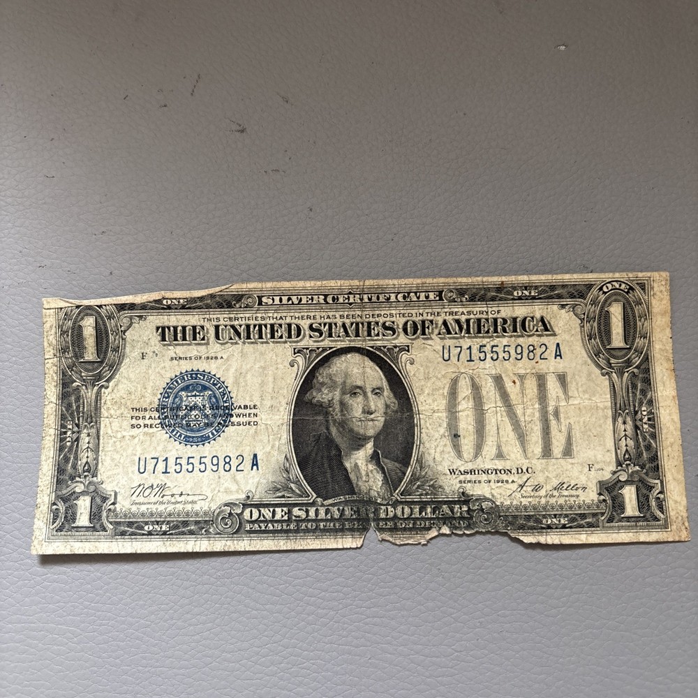 1928-A US $1 SILVER CERTIFICATE "FUNNY BACK" BLUE SEAL ONE DOLLAR NOTE