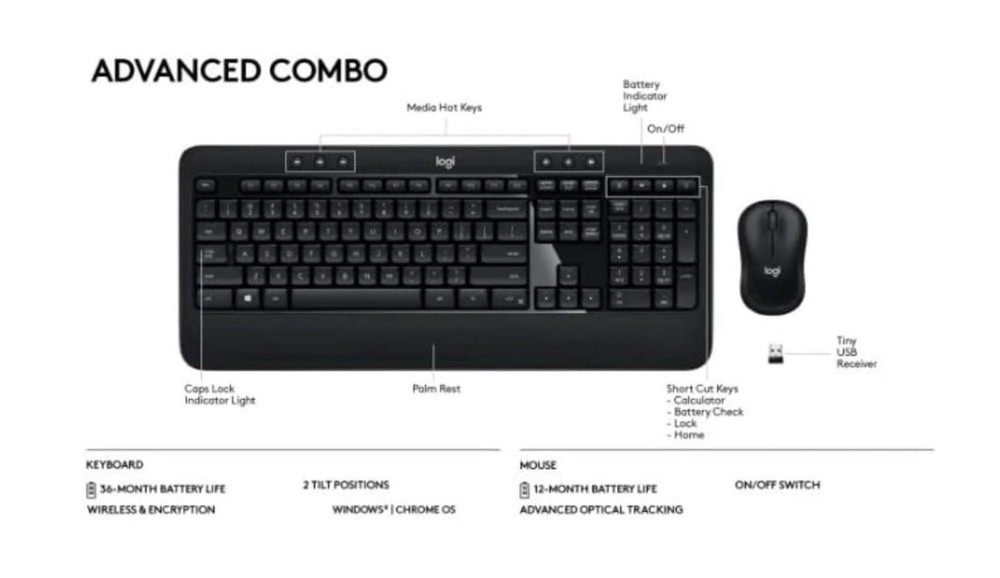 Logitech Advanced Complete Wireless Keyboard and Mouse Combo 2 Full Size MK540