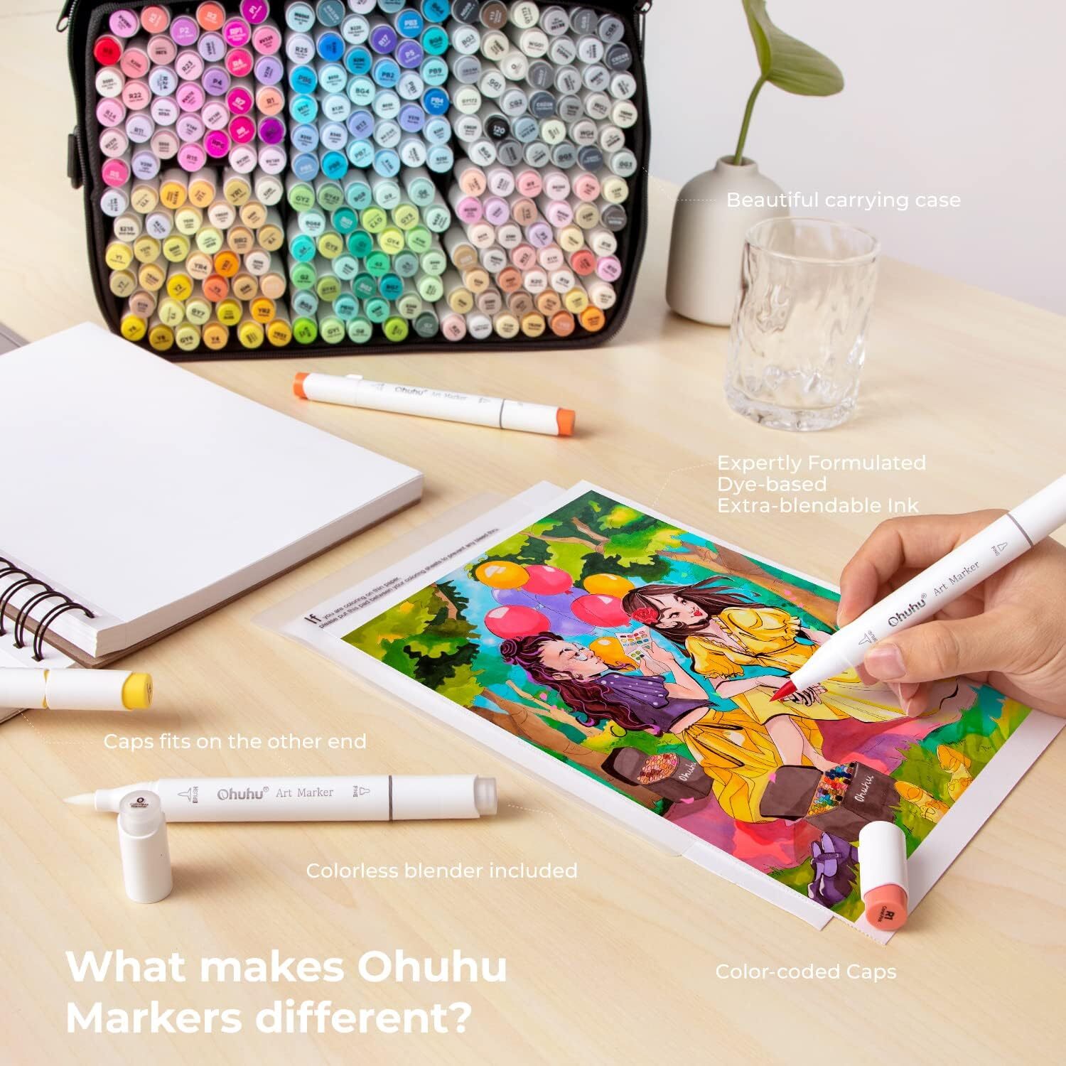 Ohuhu Alcohol Markers 216-color Double Tipped Brush & Chisel- Refillable Markers