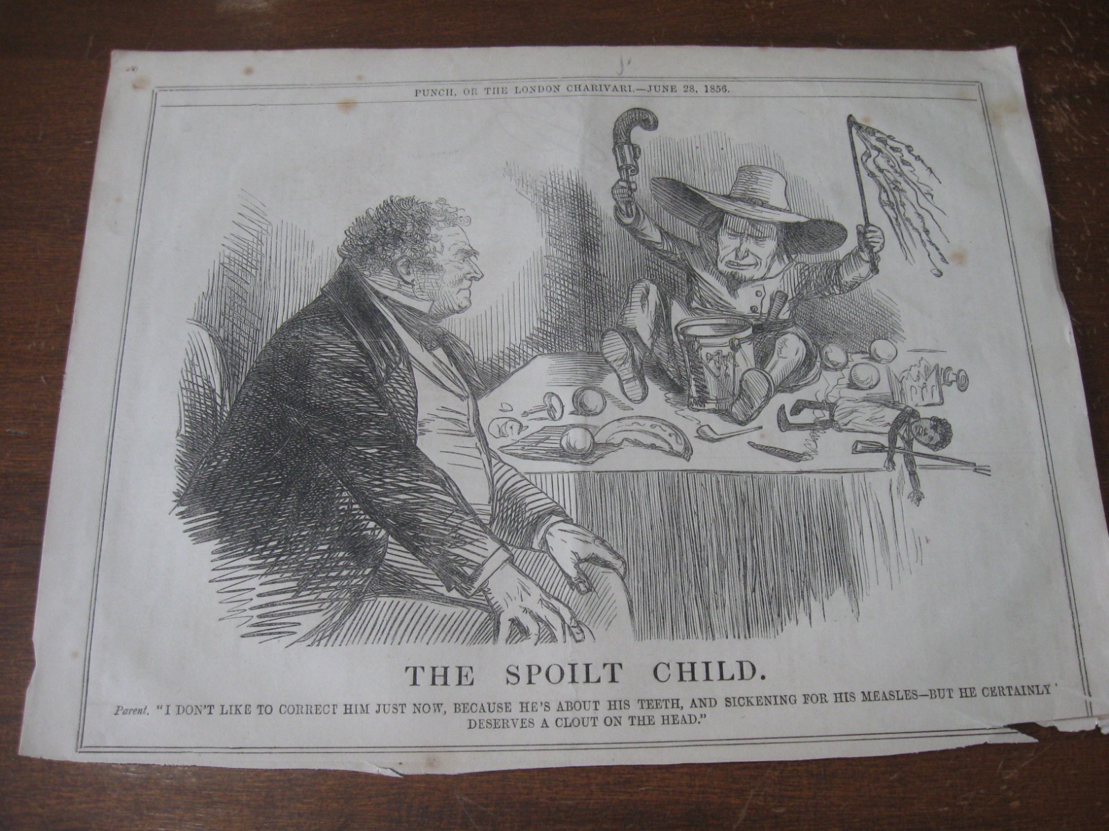 1856 Original POLITICAL CARTOON - United States Spoiled Child SLAVERY Teething