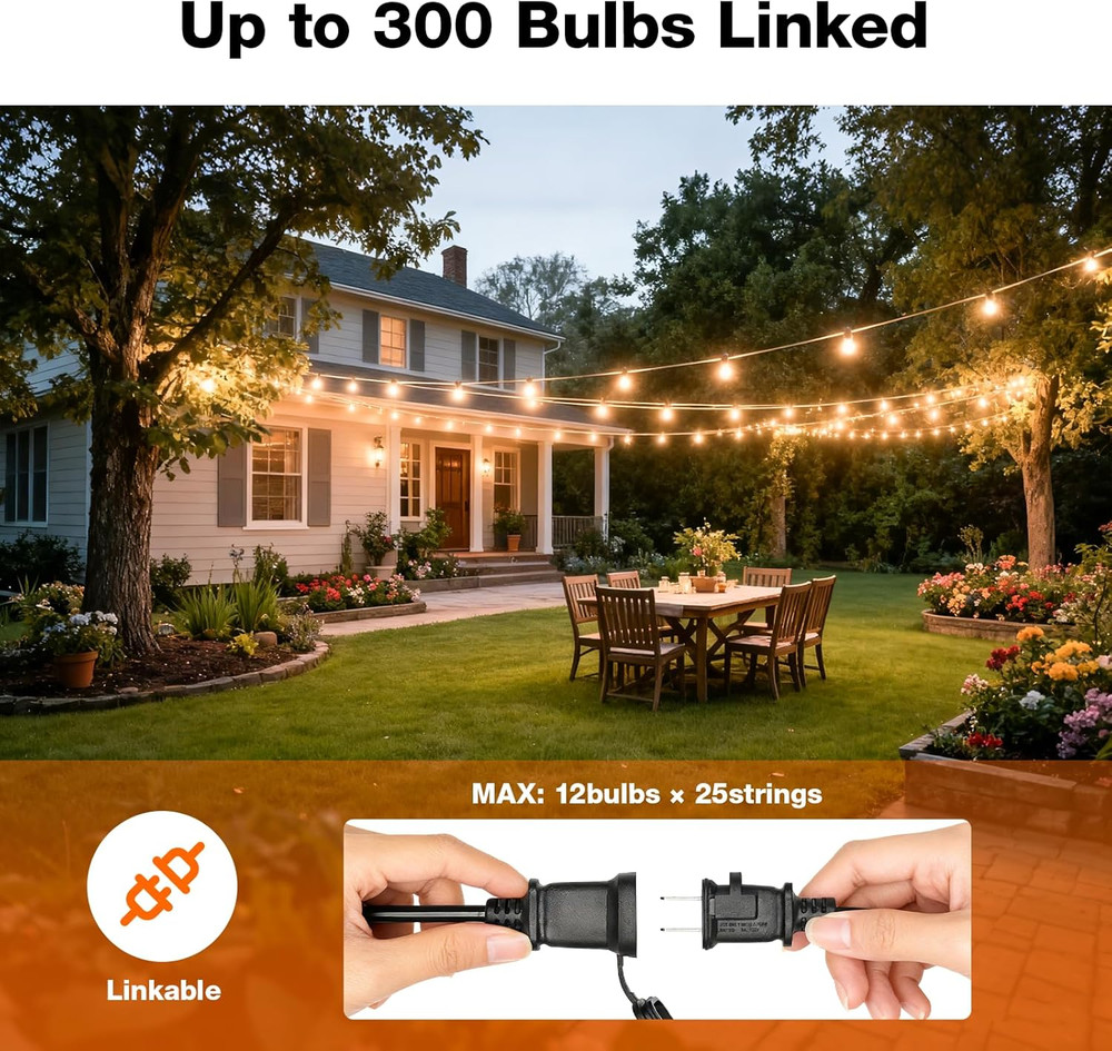 24-Ft Outdoor String Lights, Edison Shatterproof S14 Bulbs, Linkable, String Lig