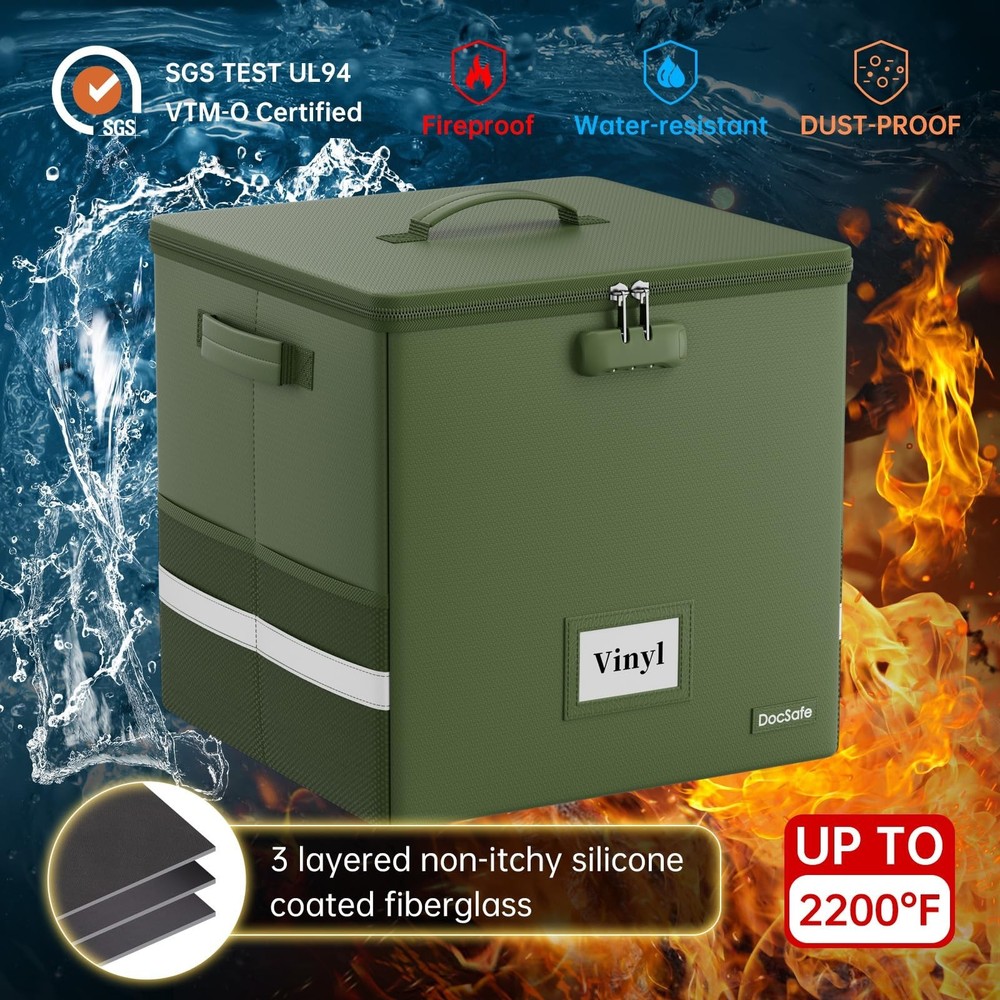 DocSafe Vinyl Record Storage Box with Lock, Fireproof＆Water Resistant Rec