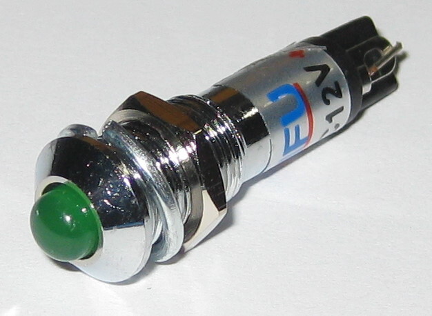 Panel Mount LED - Green - Chrome Case - 12V DC - 8mm Mounting - Lockwasher / Nut