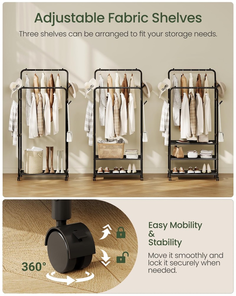 TYM07BB Black Rolling Clothes Rack Double Rod Garment Wheels Shelves Hooks