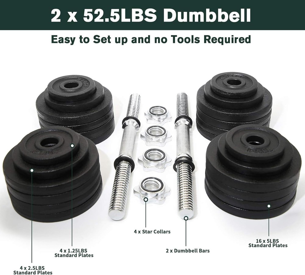 Adjustable Weight Cast Iron Dumbbells Set 105Lbs