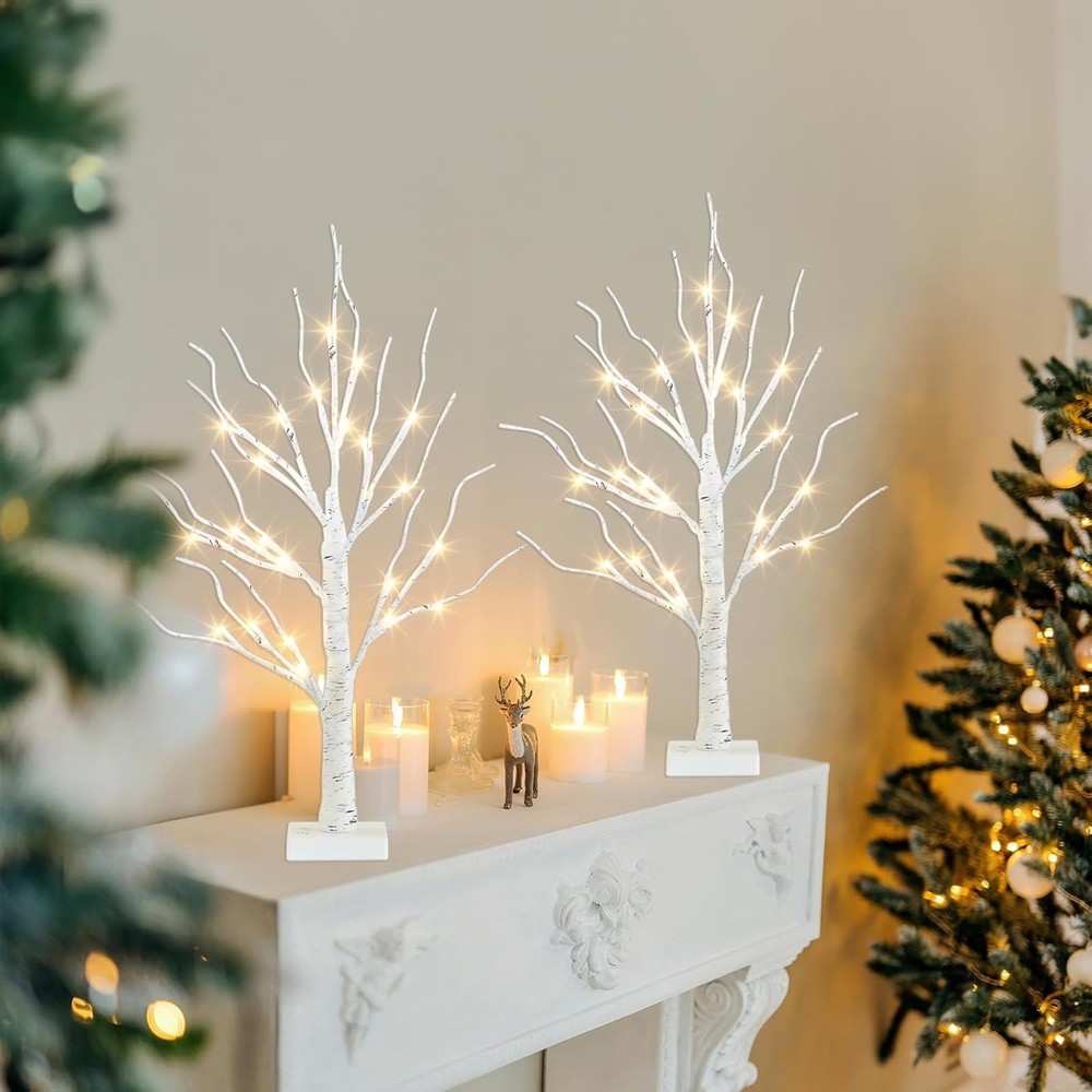 Easter Decorations, 2FT Birch Tree with LED Lights, Warm White Light up Tree ...