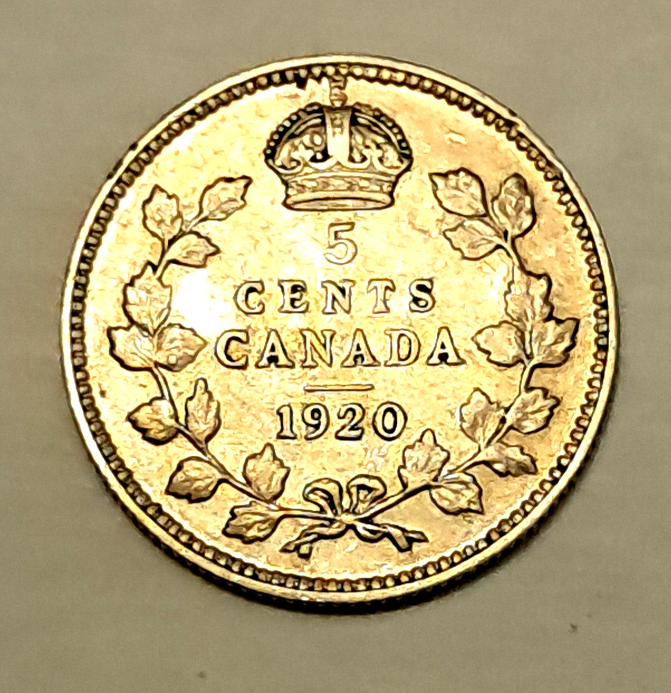 KM# 22a-1920 5 cent silver Canada coin
