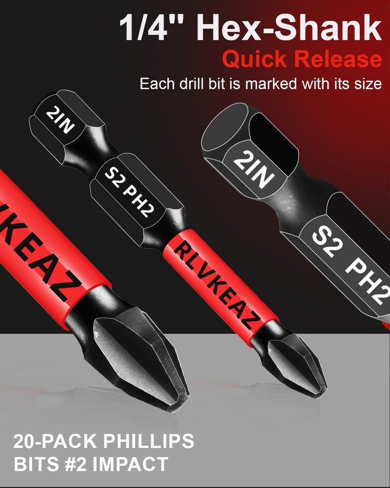 20-PCS Phillips Bits #2 Impact, Magnetic 2'' 20pcs phillips bits #2, Black