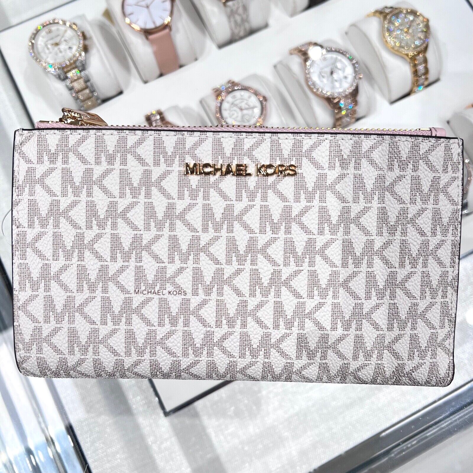 Michael Kors Jet Set Travel Double Zip Wristlet Wallet Vanilla Pink Powder Blush