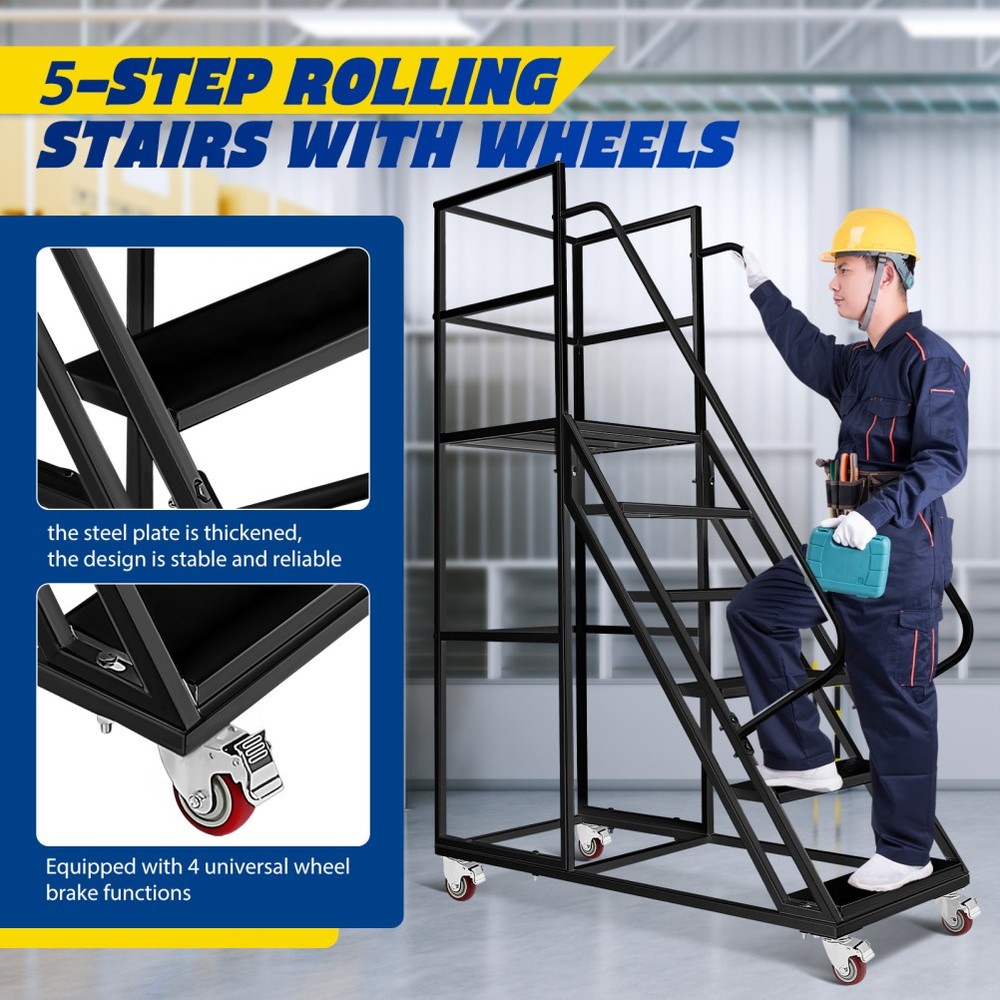 Rolling Ladder 6-Step Warehouse Ladder Platform Height 27.5" w/ Lockable Wheels
