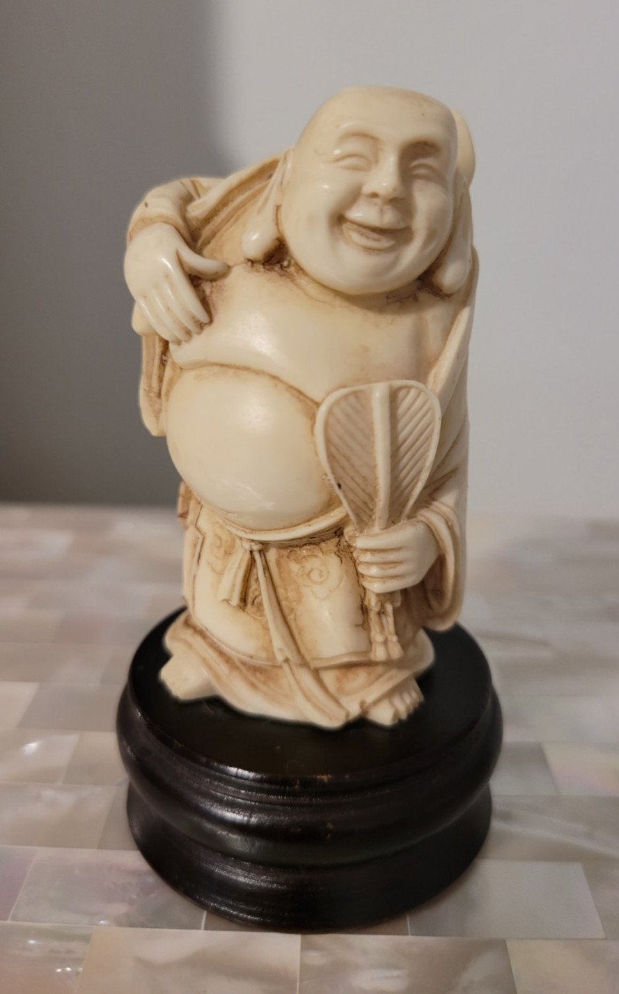 Vintage Japanese Carved Happy Buddha Figurine on Wood Stand 3-3/4" tall