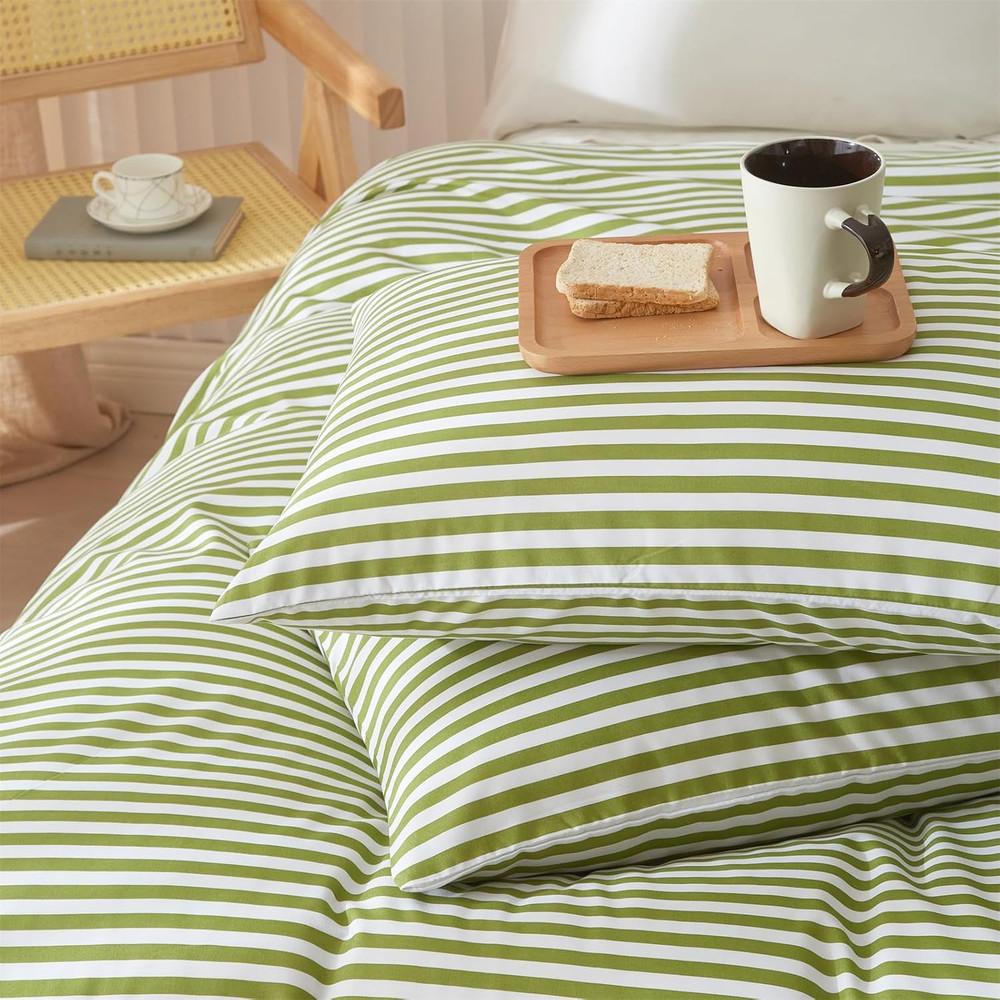 Striped Comforter Set King Size - Green White Stripes Pattern Bed Set for All Se