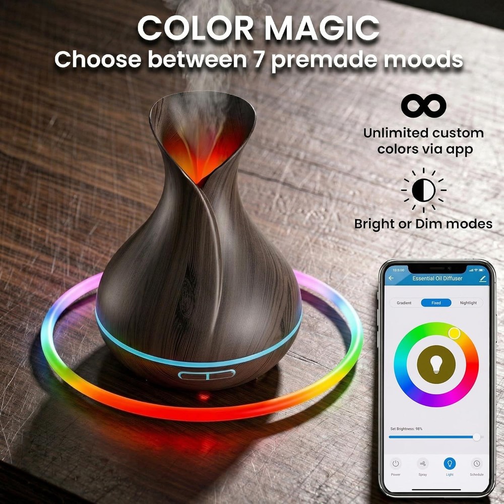 400ml Dark Brown Essential Oil Diffuser - Smart WiFi Control & Alexa Compatible