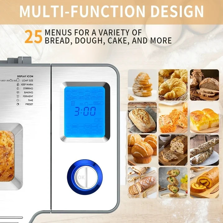 25 in 1 Bread Maker Machine, 2LB Bread Maker with Auto Fruit and Nut Dispenser