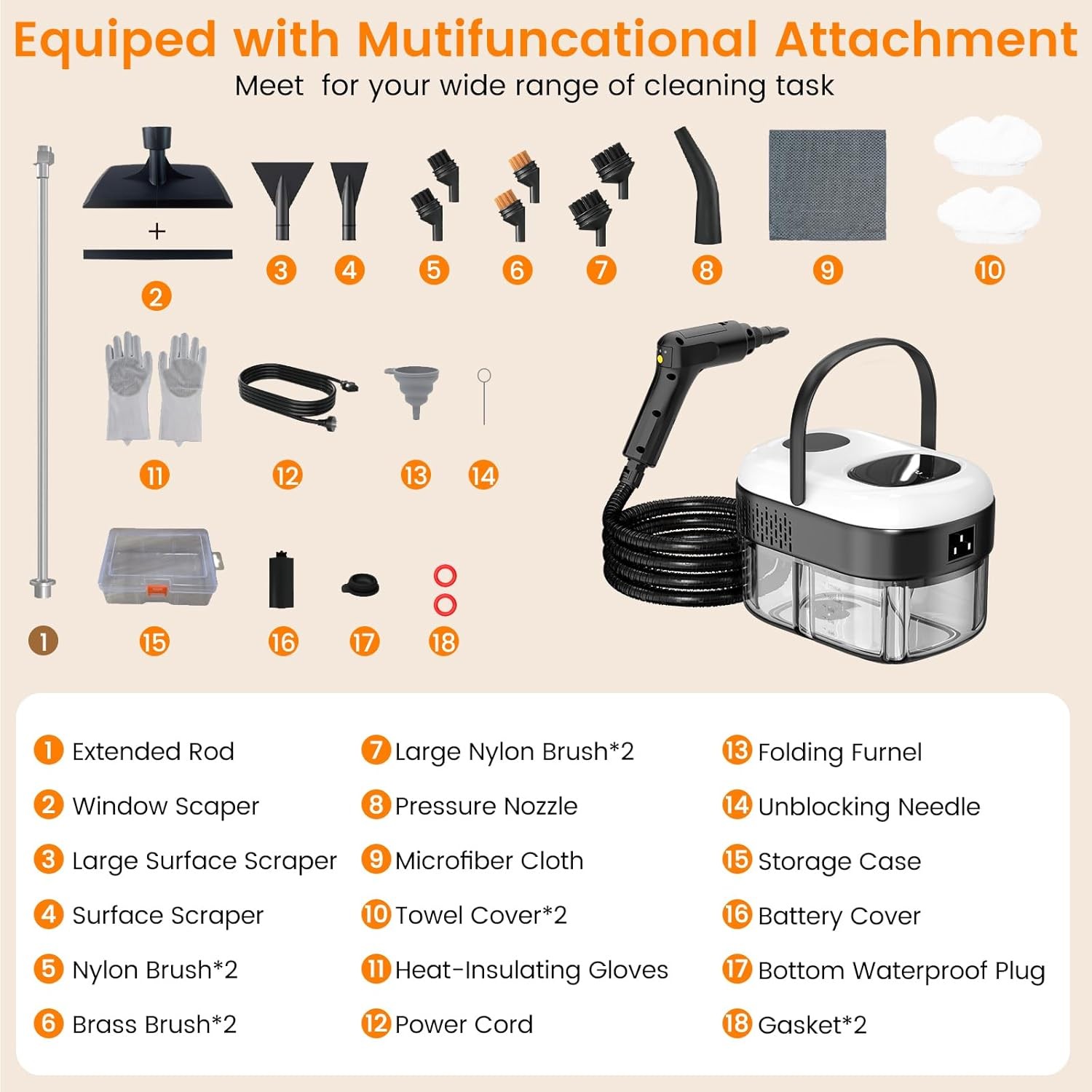 Pressurized Portable Steam Cleaner, 2500W Handheld Steamer Cleaning for Home