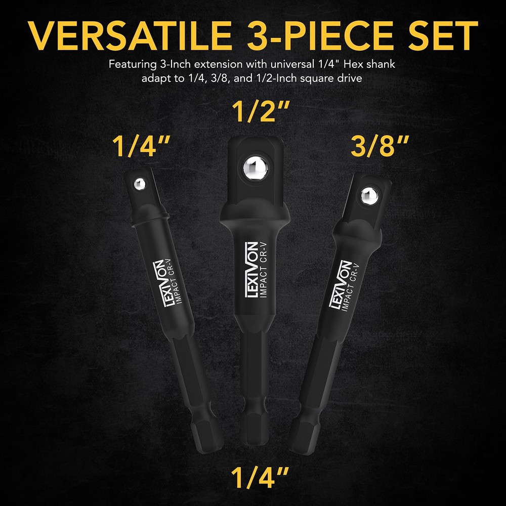 LEXIVON Impact Grade Socket Adapter Set, 3" Extension Bit, Black