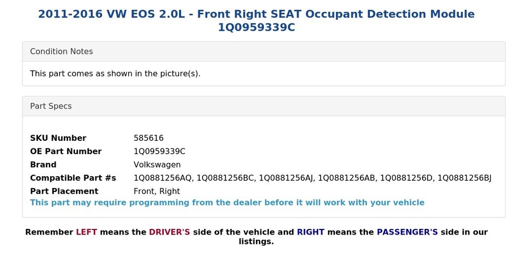 2011-2016 VW EOS 2.0L - Front Right SEAT Occupant Detection Module 1Q0959339C