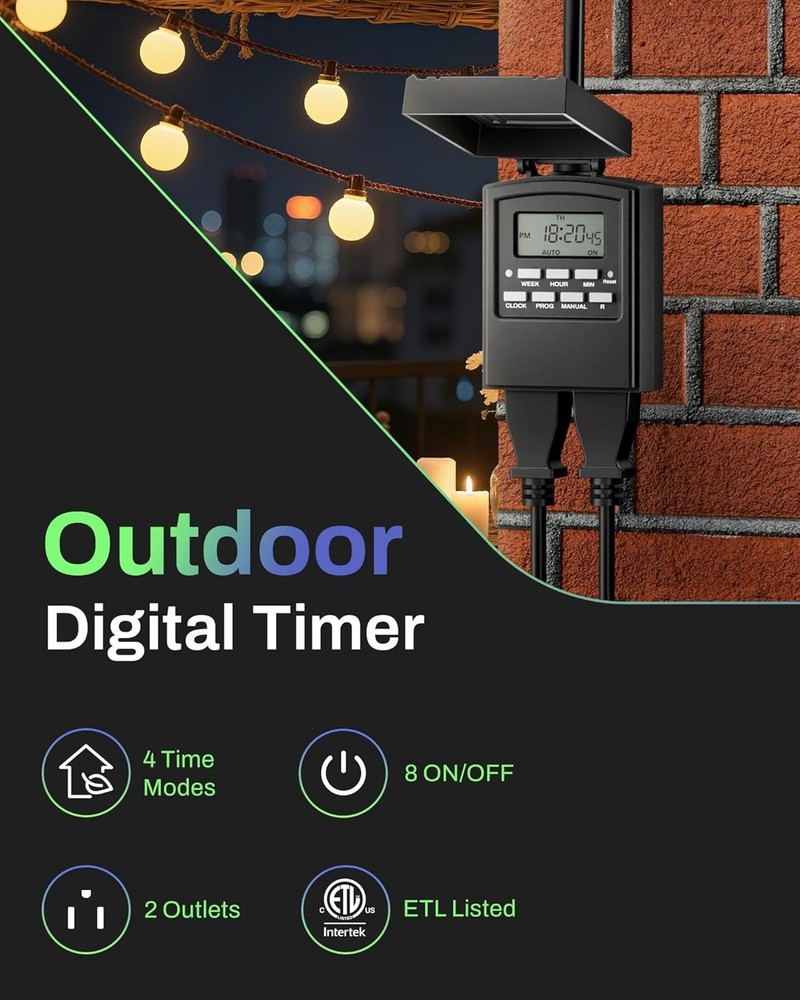 Weatherproof Digital Outdoor Timer with 8 Programs & Easy Push Button Control