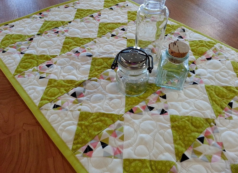 Table Runner Quilted 35x18 Handmade, Green & White
