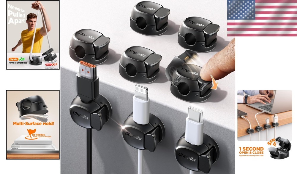 Max Secure Cable Clips - 8-Pack Snap Open Holder for Home Office Essentials