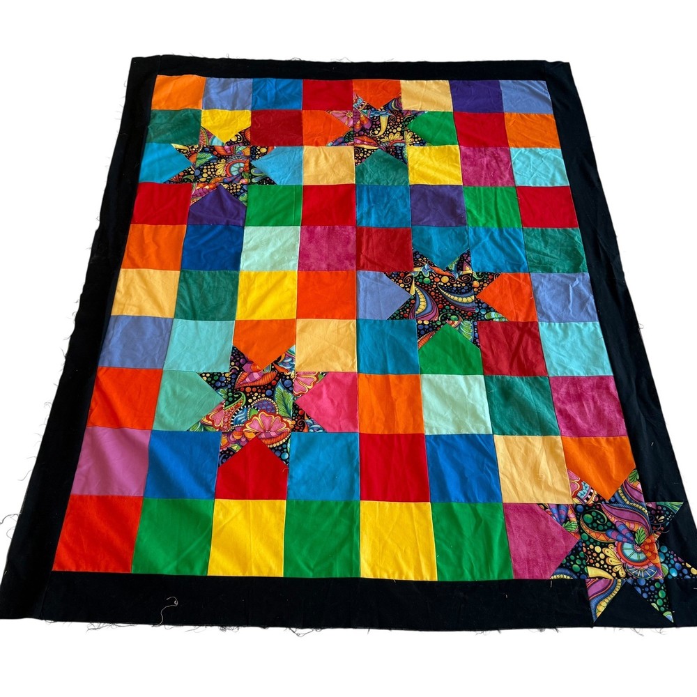 Handmade Rainbow Patchwork Quilt Top Psychedelic Star Applique 41x50 Black Trim
