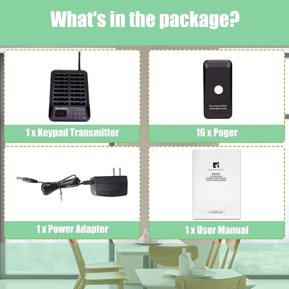 Enhanced TD157 Pager System - 984ft Wireless Range, 16 Pagers & Custom Alerts