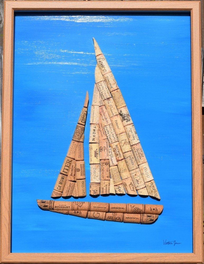 Wine Cork Sailboat on Ocean Backdrop - Original Artwork from Miami - Framed