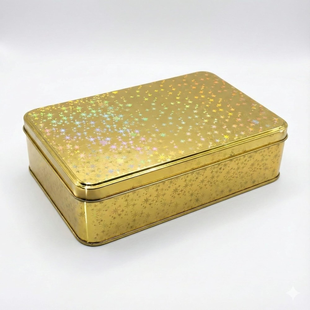 Gold Glitter Single Piece Empty Rectangular Tin Container W/ Lid Multipurpose
