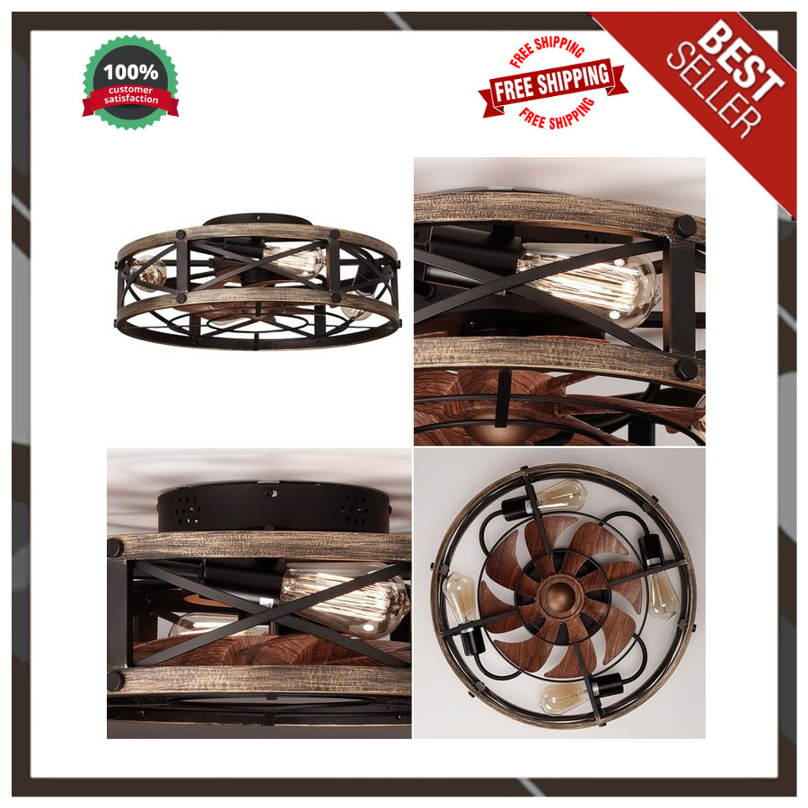 Rustic 19" Ceiling Fan with Light and Remote, 6 Speeds, Farmhouse Flush Mount