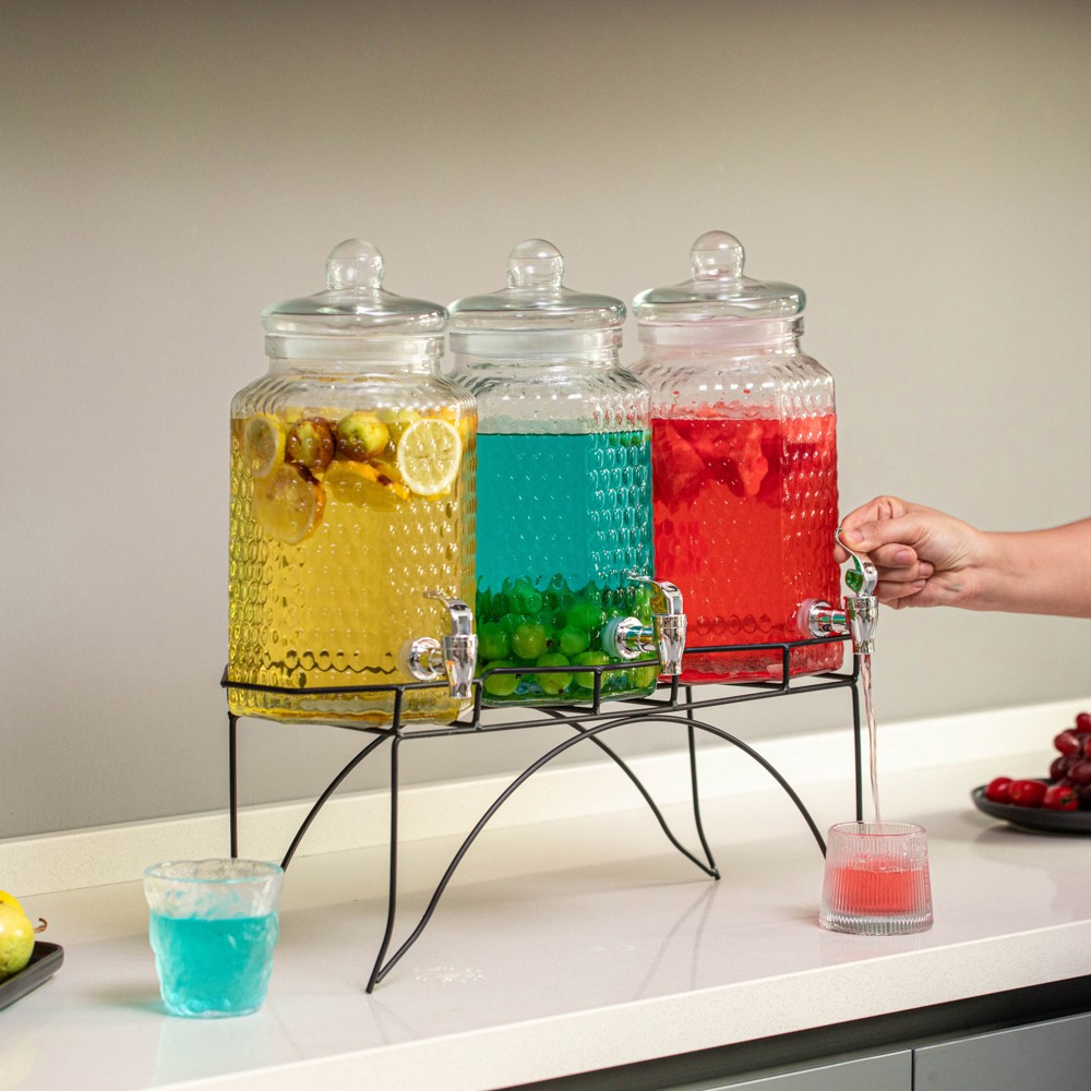 3-Piece Glass Drink Dispenser Set with Metal Stand & Stainless Steel Spigot