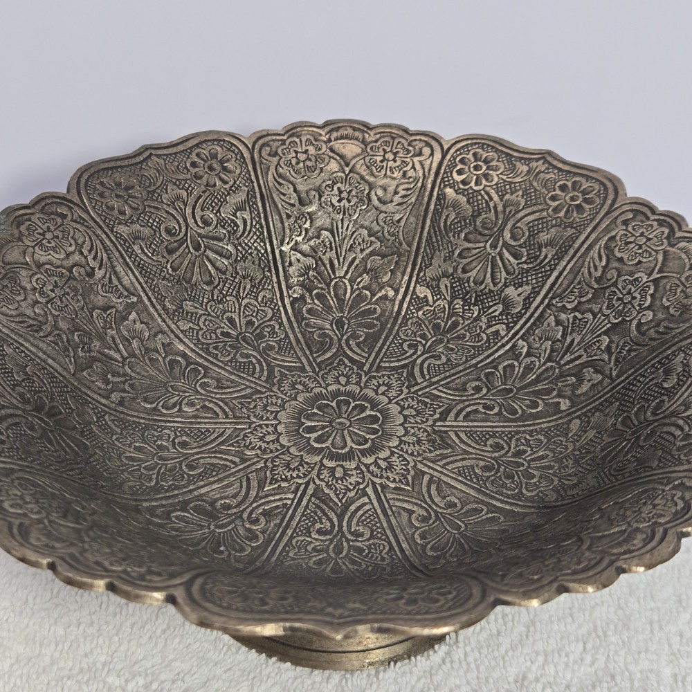 Ornate Solid Floral Footed Dish Bowl 8” Offering Plate Candy Dish Made In India
